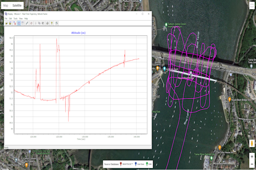 Map displays real-time flight path and altitude graph of a vehicle over a river.