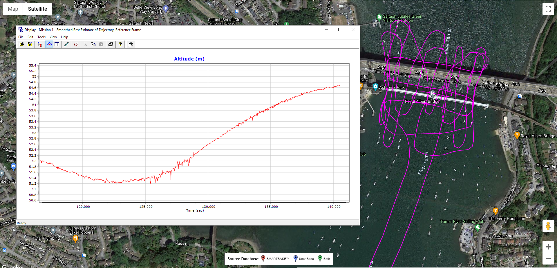 Drone survey data showing altitude graph and flight path over a river and bridge.