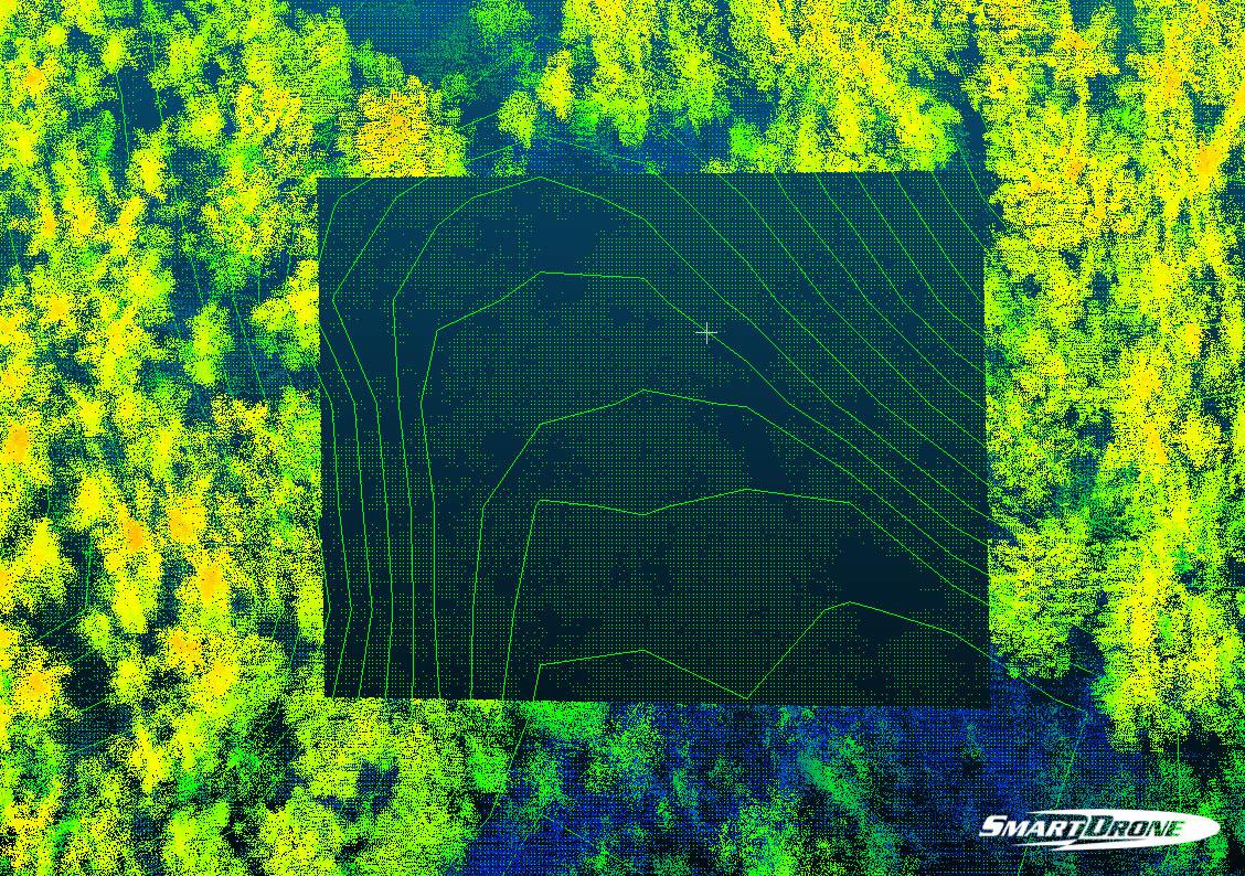 Drone data visualized as a topographical map overlaid on a forest canopy.