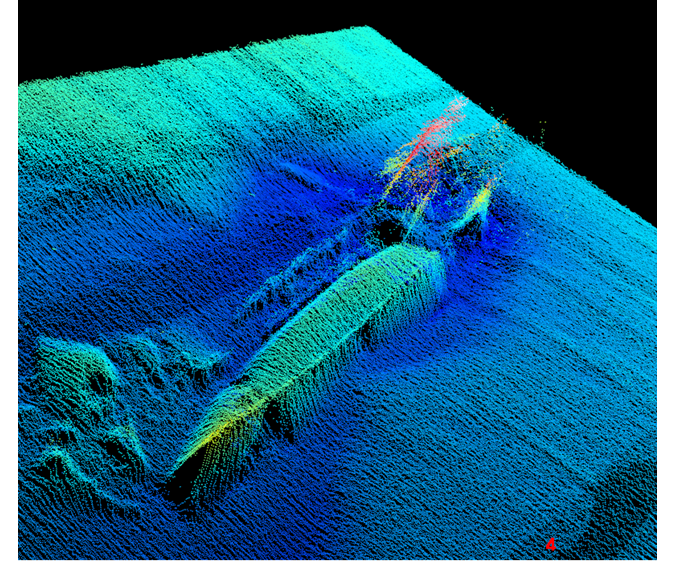 Trimble RTX 3D color-coded bathymetric sonar image of a shipwreck on the seabed with scattered debris.
