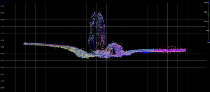 Colored bathymetry plot: a cross-section of the seabed features a tall, pillar-like structure rising from a curved depression.